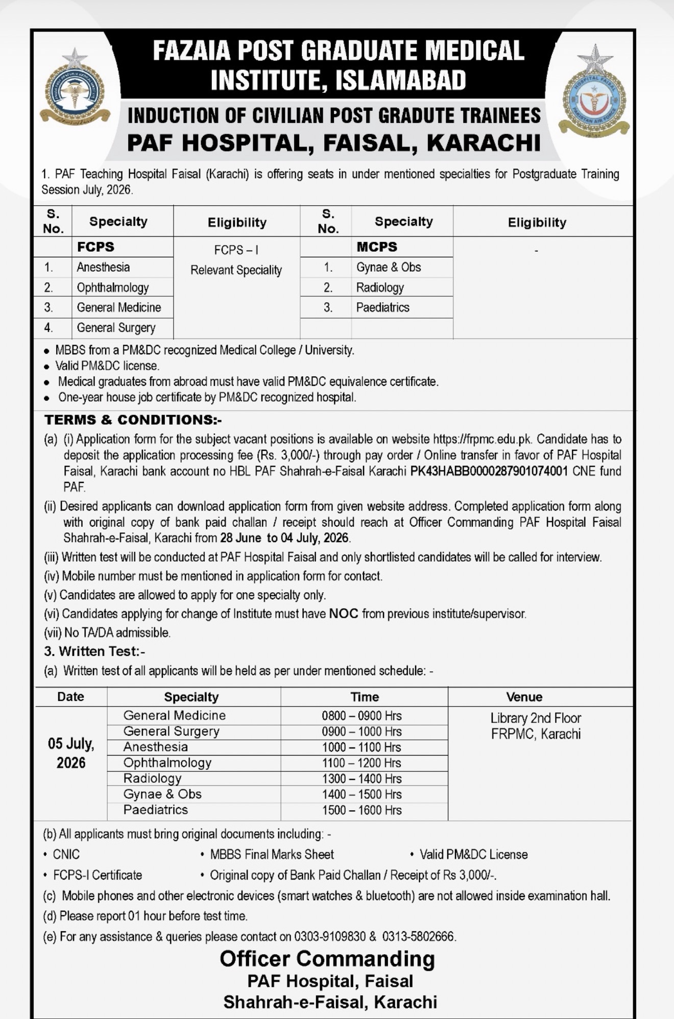 Induction of Civilian Postgraduate Trainees (July 2026) – PAF Hospital Faisal, Karachi