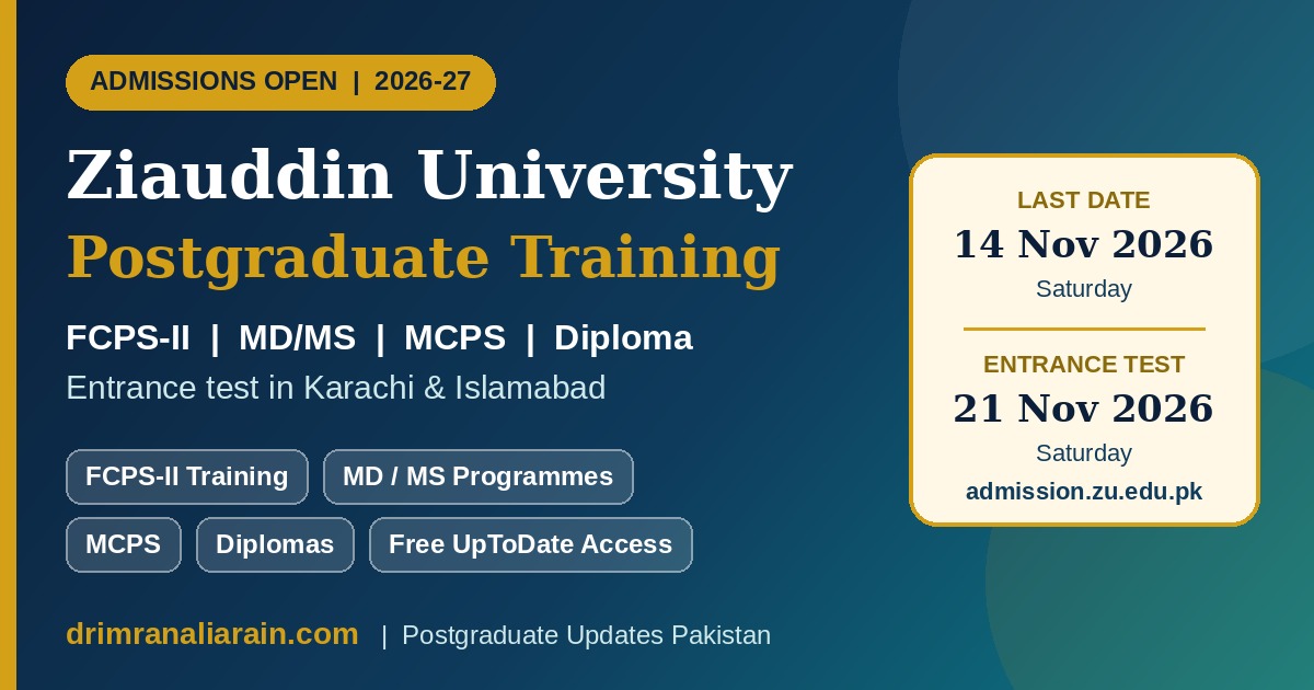 Official Notice - Ziauddin University Postgraduate Training Admissions 2026-27 – FCPS-II, MD/MS, MCPS & Diploma (Last Date 14 Nov 2026)